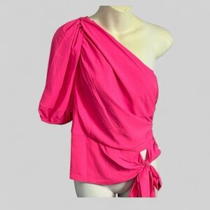 Amanda Uprichard neon pink one shoulder asymmetric top tie waist Small preppy